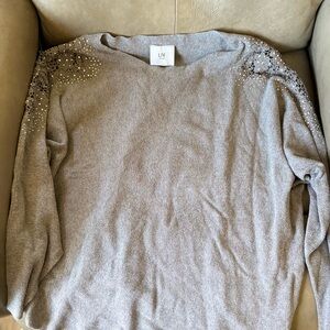 LIV Women's Gray cold shoulder lace and rhinestone Sweater